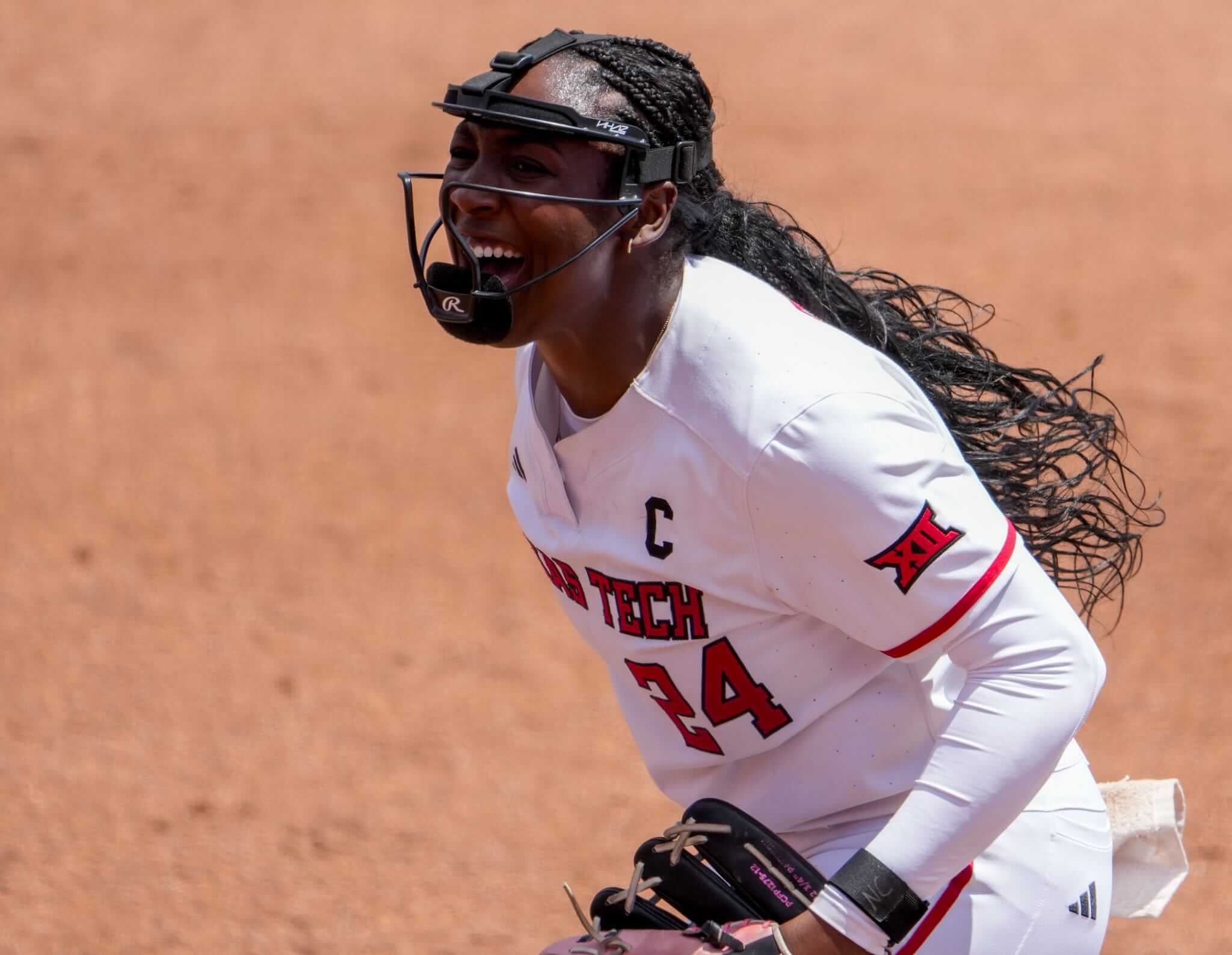 NiJaree Canady reacts to a strikeout against Baylor during a Big 12 conference softball game.