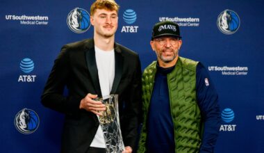Mavericks forward Cooper Flagg poses with Jason Kidd after the Maine native was named the NBA Rookie of the Year on April 29, but Flagg will have a new coach next season.