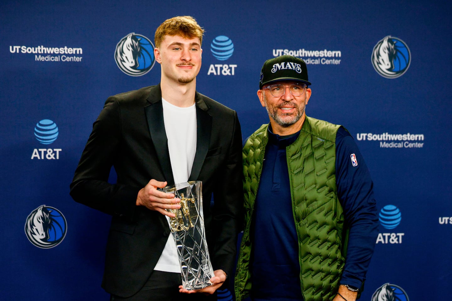 Mavericks forward Cooper Flagg poses with Jason Kidd after the Maine native was named the NBA Rookie of the Year on April 29, but Flagg will have a new coach next season.