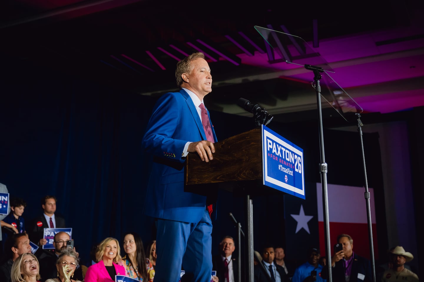 Texas Attorney General Ken Paxton spoke to supporters after winning the Republican primary runoff election for the Senate in Plano, Texas, on Tuesday night.