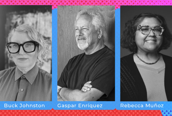 A designed graphic with black and white photographs of arts professionals: Ann Johnston, Gaspar Enriquez, and Rebecca Muñoz.