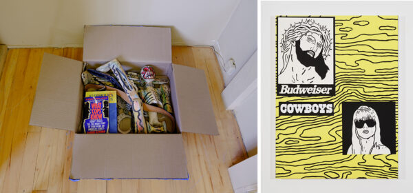 Side-by-side images of a box of objects and a painting by Will Boone.