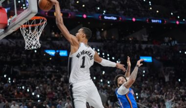Victor Wembanyama scores 2 of his 33 points in the Spurs' blowout Game 4 win over the Thunder.