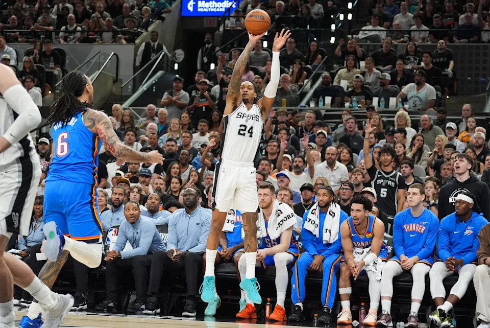 May 24, 2026; San Antonio, Texas, USA; San Antonio Spurs guard Devin Vassell (24) shoots in the first quarter against the Oklahoma City Thunder during game four of the western conference finals for the 2026 NBA playoffs at Frost Bank Center. Mandatory Credit: Daniel Dunn-Imagn Images