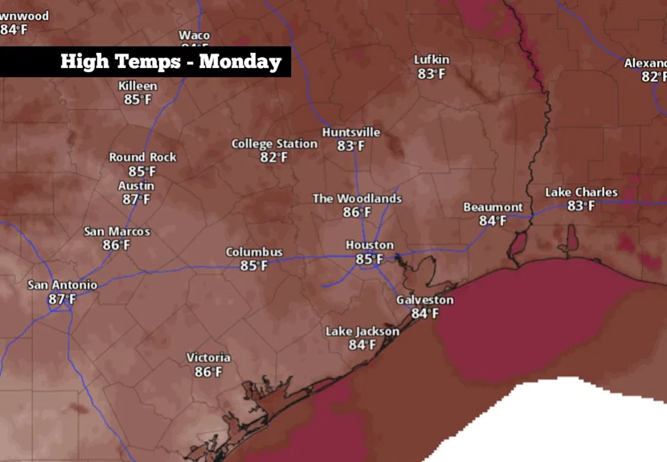 Shown are the expected high temperatures across Southeast Texas on Memorial Day. (Pivotal Weather)