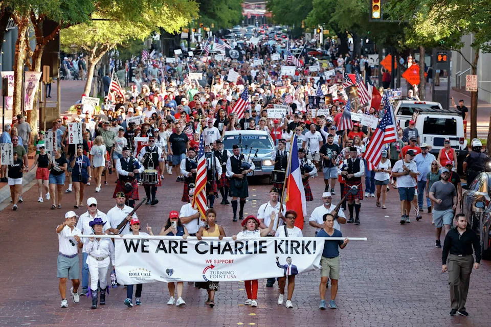 A crowd of thousands marches in honor of conservative activist Charlie Kirk, Saturday, Sept. 20, 2025, in downtown Fort Worth. (Elias Valverde II/Dallas Morning News)