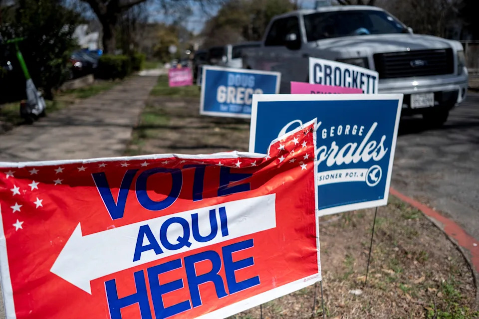 Election signage is displayed outside a polling station at The Church on Congress Avenue during the primary election in Austin, Texas, U.S., March 3, 2026. REUTERS/Joel Angel Juarez