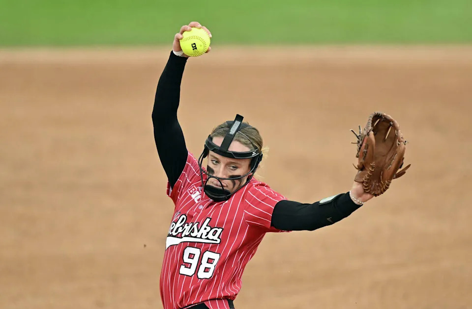 Nebraska pitcher Jordy Frahm #98 throws a pitch against UCLA in the Big Ten title game May 9, 2026 at Maryland Softball Stadium in College Park, Maryland. (Big Ten/University Images via Getty Imag)