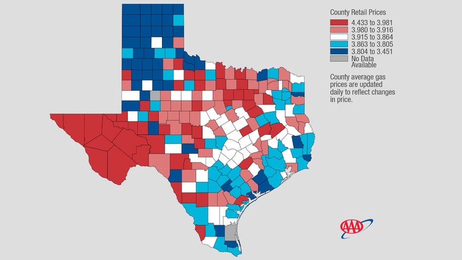 AAA released this chart on May 1, 2026, showing the status of gas prices across Texas.