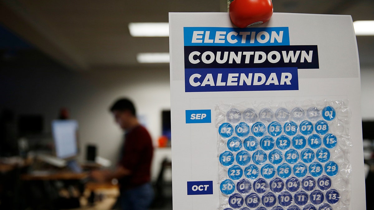 An election countdown calendar hanging at ActBlue office in Somerville Massachusetts