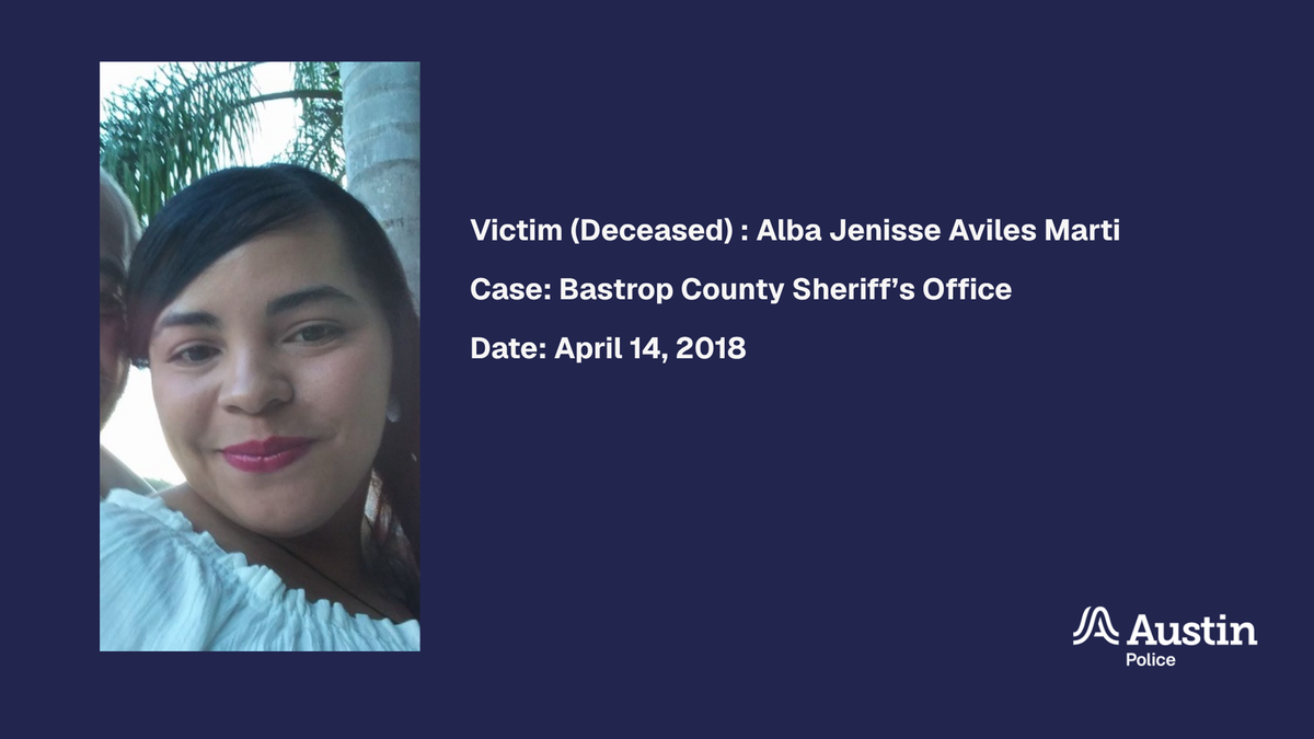 A graphic showing a portrait of victim Alba Aviles inset over a blue slide with details about her murder