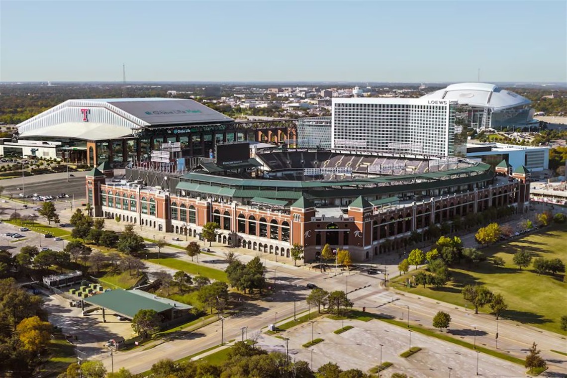 Aerial of the Arlington Entertainment District with Choctaw Stadium in the forefront