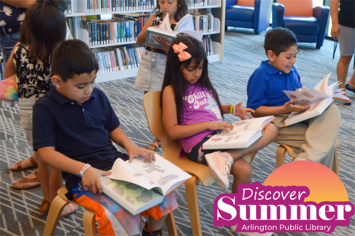 Kids sitting in chairs reading with Discover Summer logo in the bottom corner.