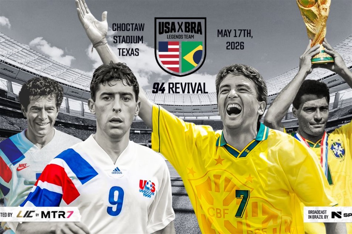 Former soccer players from Team USA and Brazil are depicted celebrating. The image promotes a 