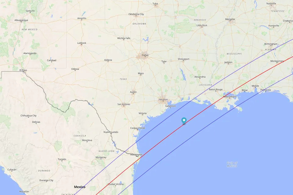 A map shows the projected path of totality for the May 11, 2078 total solar eclipse, which is expected to cross the Rio Grande Valley before moving over the Gulf of Mexico. (NASA)