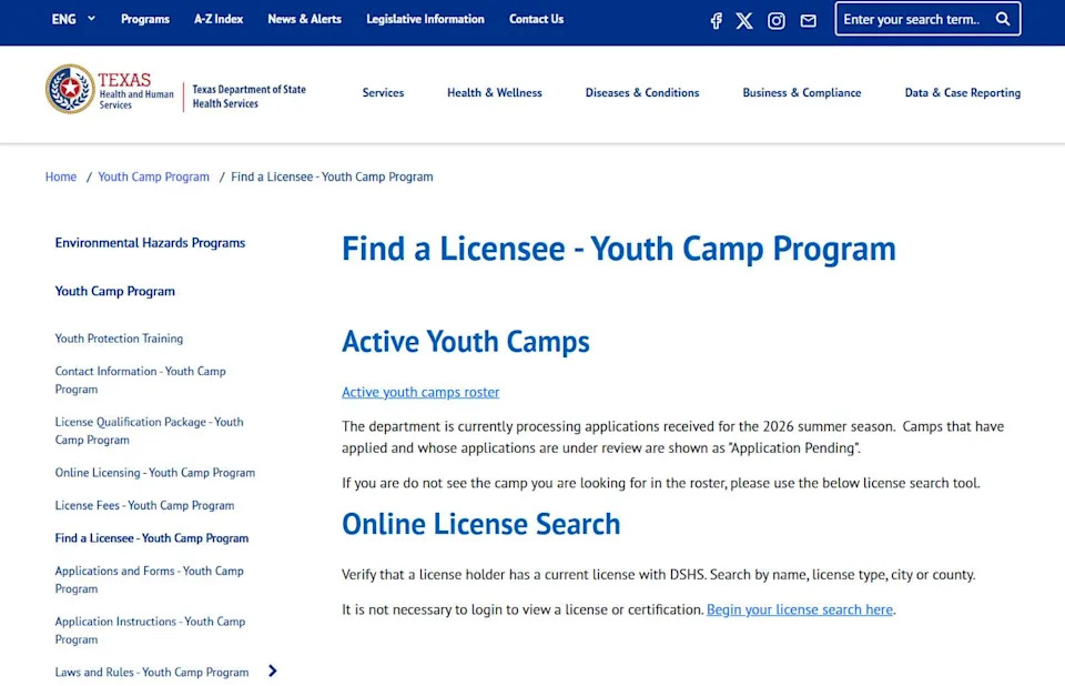 To check a camp's license status, visit the DSHS Youth Camp Program page and click "Find a Licensee." (Screenshot from Department of State Health Services website)