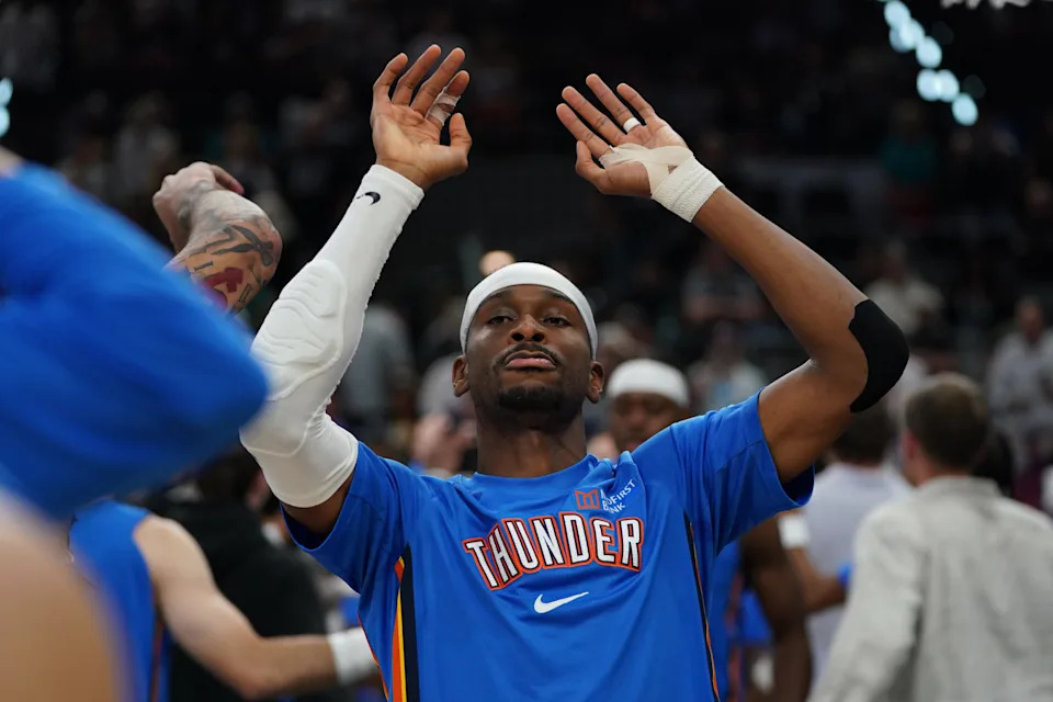 May 28, 2026; San Antonio, Texas, USA; Oklahoma City Thunder guard Shai Gilgeous-Alexander (2) before the first half during game six of the western conference finals for the 2026 NBA playoffs at Frost Bank Center. Mandatory Credit: Dustin Safranek-Imagn Images