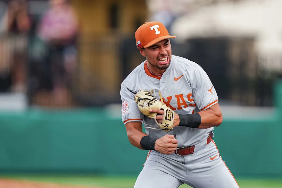 Texas Longhorns infielder Temo Becerra (1) reacts to tagging out Texas State Bobcats outfielder Jackson Cotton (44) during the first inning as the Texas Longhorns and Texas State Bobcats face off in San Marcos Tuesday, March 10, 2026. (Mikala Compton/Austin American-Statesman)