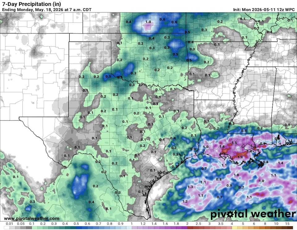 Rainfall totals are expected to remain low through the week, but storm chances will begin to increase early next week as another storm system approaches the region. (Pivotal)