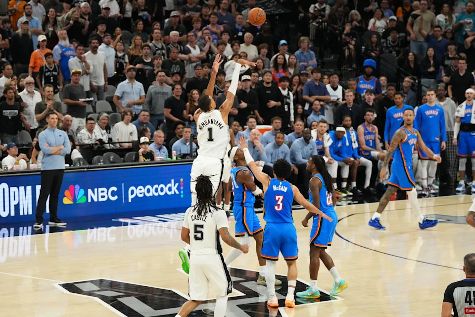 May 24, 2026; San Antonio, Texas, USA; San Antonio Spurs center Victor Wembanyama (1) shoots in the second quarter against the Oklahoma City Thunder during game four of the western conference finals for the 2026 NBA playoffs at Frost Bank Center. Mandatory Credit: Scott Wachter-Imagn Images
