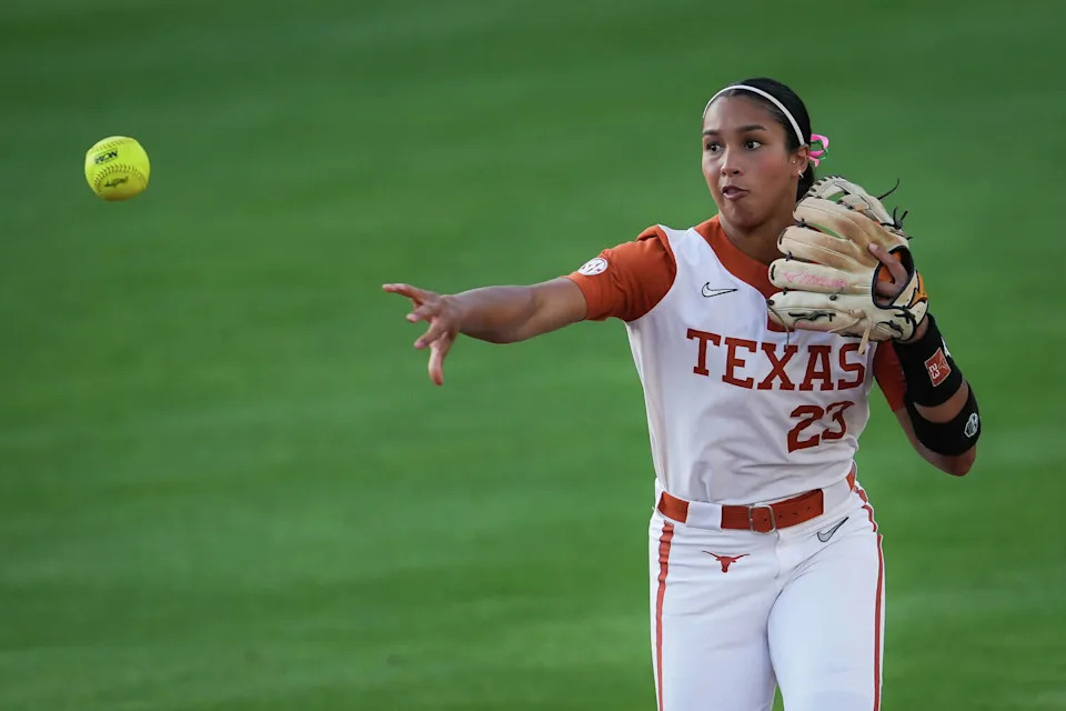 Texas Longhorns infielder Viviana Martinez (23) throws to first base in the first inning as the Texas Longhorns take on the Oklahoma State Cowgirls at McCombs Field in Austin, April 22, 2026. (Sara Diggins/Austin American-Statesman)