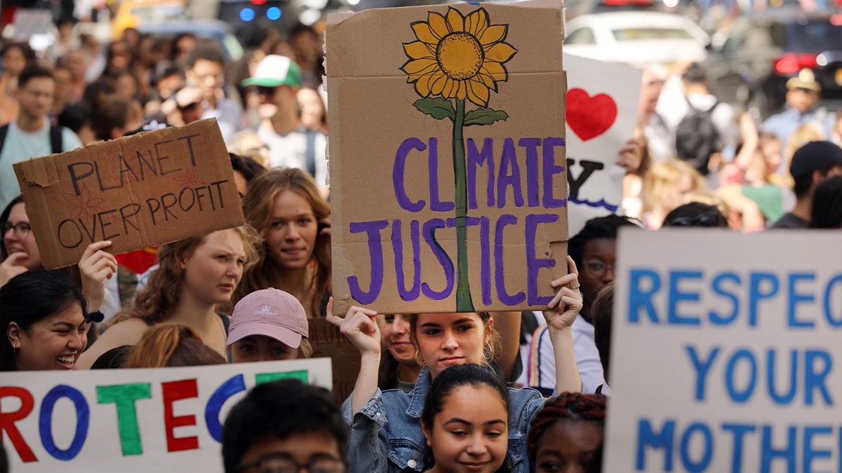 People marching in a climate strike holding signs in New York City
