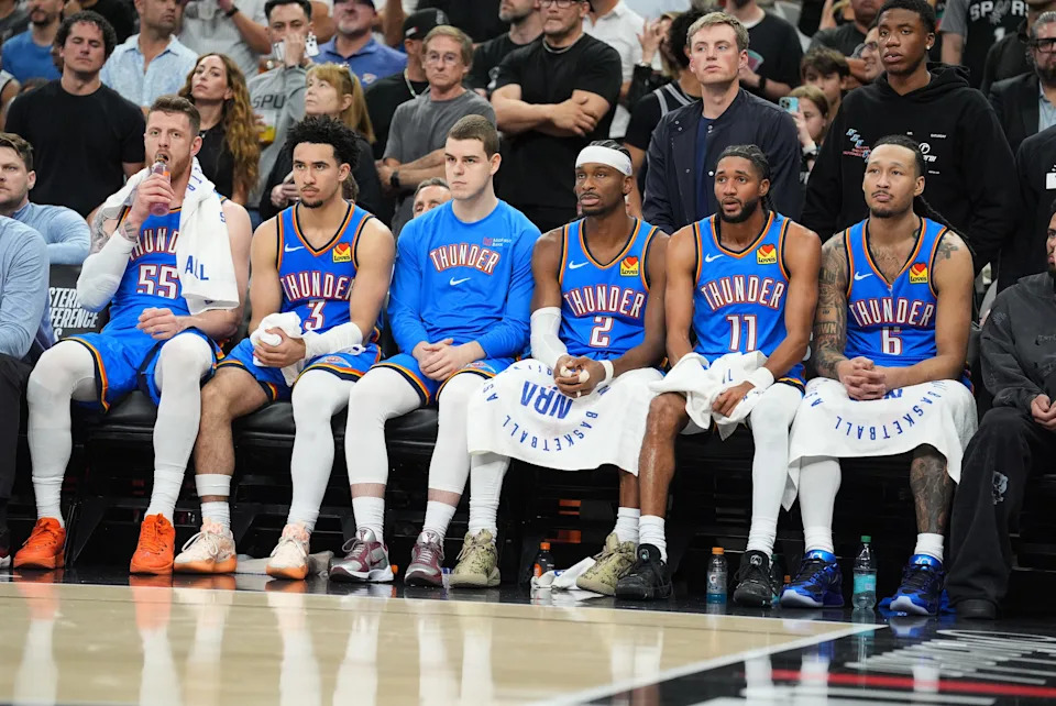 May 24, 2026; San Antonio, Texas, USA; Oklahoma City Thunder bench looks on in the fourth quarter against the San Antonio Spurs during game four of the western conference finals for the 2026 NBA playoffs at Frost Bank Center. Mandatory Credit: Daniel Dunn-Imagn Images