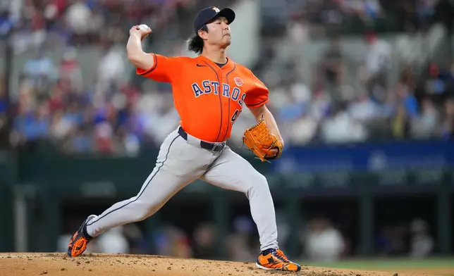 Houston Astros starting pitcher Tatsuya Imai throws to the Texas Rangers during the first inning of a baseball game Monday, May 25, 2026, in Arlington, Texas. (AP Photo/Julio Cortez)