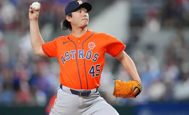 Houston Astros starting pitcher Tatsuya Imai throws to the Texas Rangers during the first inning of a baseball game Monday, May 25, 2026, in Arlington, Texas. (AP Photo/Julio Cortez)