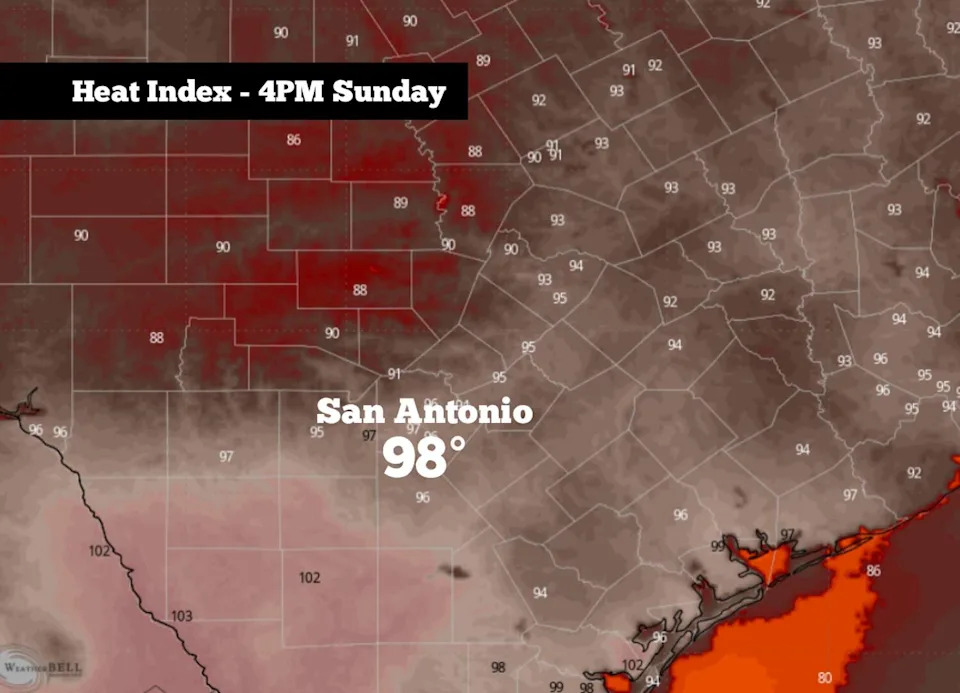 Humidit-driven heat index values on Sunday are expected to reach the upper 90s in South-Central Texas. (WeatherBell)