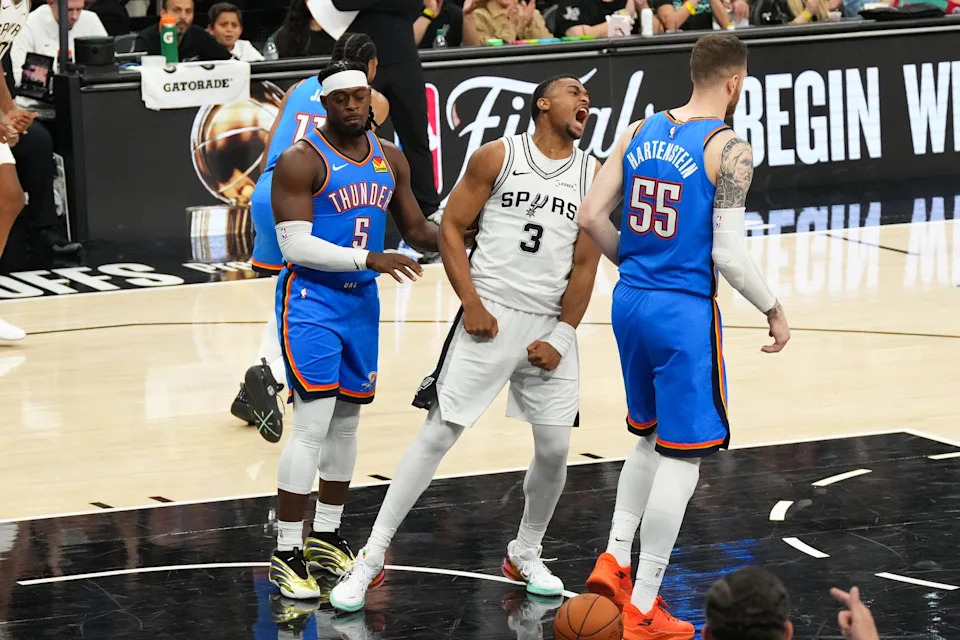 May 24, 2026; San Antonio, Texas, USA; San Antonio Spurs forward Keldon Johnson (3) reacts in the fourth quarter against the Oklahoma City Thunder during game four of the western conference finals for the 2026 NBA playoffs at Frost Bank Center. Mandatory Credit: Scott Wachter-Imagn Images