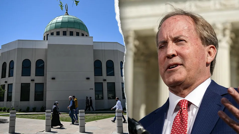Texas Attorney General Ken Paxton speaking and a mosque exterior