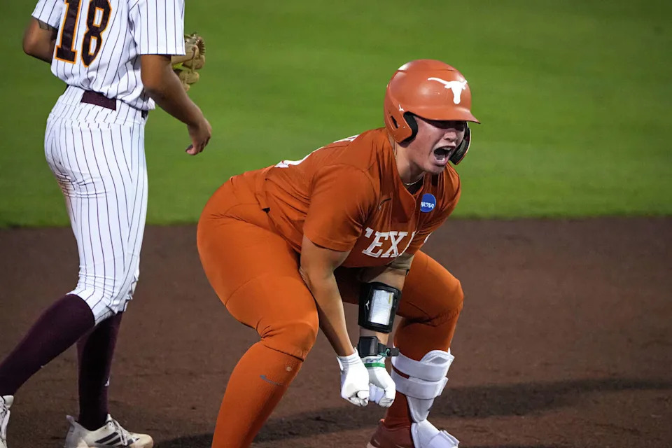 Texas Longhorns infielder Katie Stewart (20) celebrates a hit for a double during the NCAA Softball Championship Super Regional against Arizona State at Red & Charline McCombs Field on Saturday, May 23, 2026 in Austin. (Aaron E. Martinez/Austin American-Statesman)