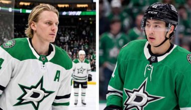 A split screen photograph featuring Dallas Stars forwards Roope Hintz (left, wearing white jersey #24) and Jason Robertson (right, wearing green jersey #21), who are the focus of recent NHL trade rumors due to the team's salary cap situation.
