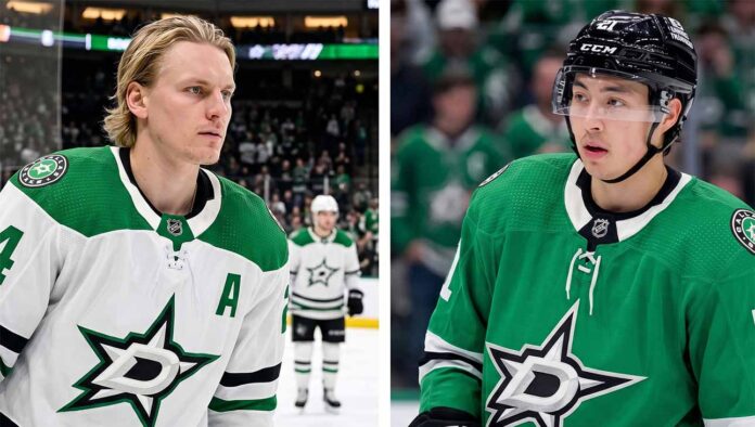 A split screen photograph featuring Dallas Stars forwards Roope Hintz (left, wearing white jersey #24) and Jason Robertson (right, wearing green jersey #21), who are the focus of recent NHL trade rumors due to the team's salary cap situation.