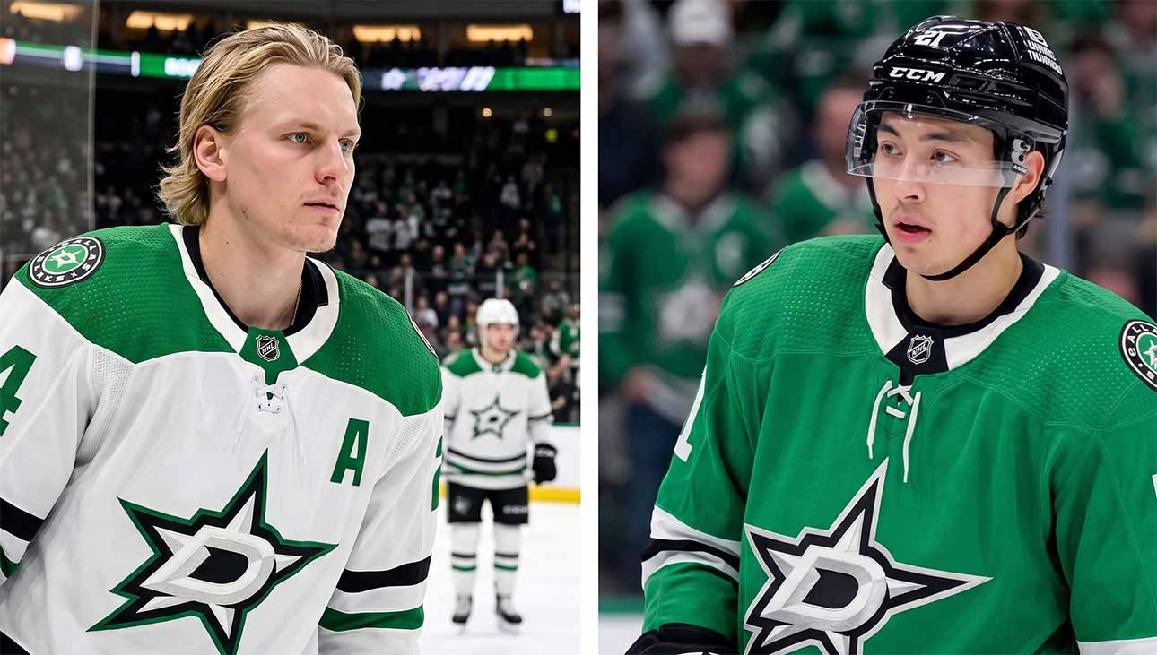 A split screen photograph featuring Dallas Stars forwards Roope Hintz (left, wearing white jersey #24) and Jason Robertson (right, wearing green jersey #21), who are the focus of recent NHL trade rumors due to the team's salary cap situation.