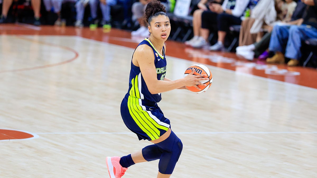 Azzi Fudd dribbling basketball on court during game