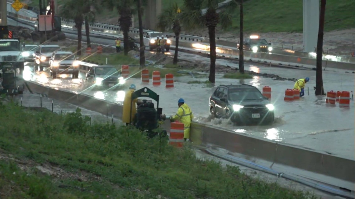 Flooding along I-37 near downtown Corpus Christi Wednesday morning