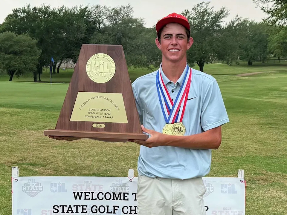 Westlake's Henry Talarico hoists the championship trophy after he won the UIL state golf championship in Class 6A recently. Westlake also won the team title. (Michael Rome/Photo by Michael Rome)