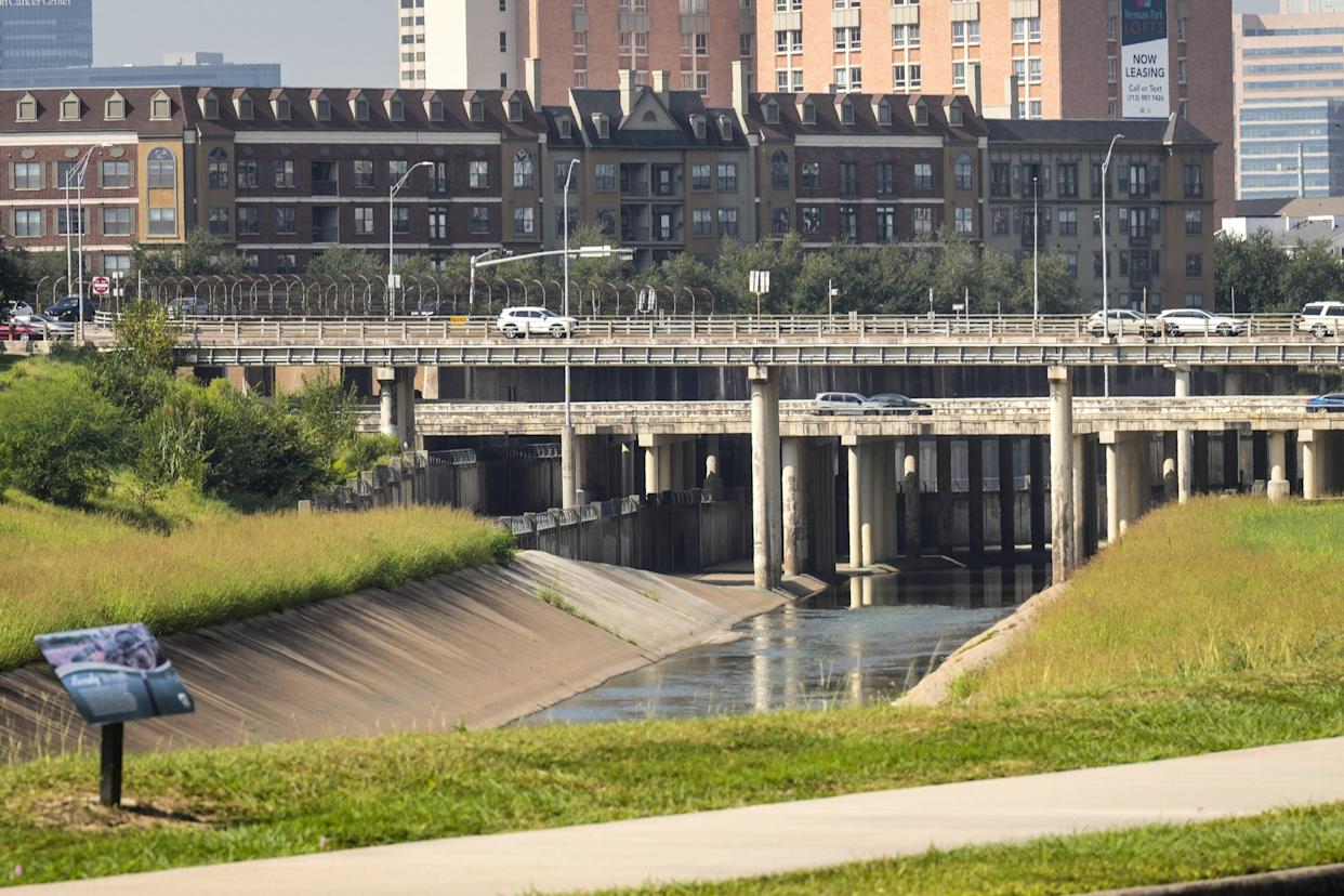 HOUSTON, TEXAS - SEPTEMBER 30: Brays Bayou flows under the Highway 288 bridge near the Texas Medical Center in Houston, Tuesday, Sept. 30, 2025.