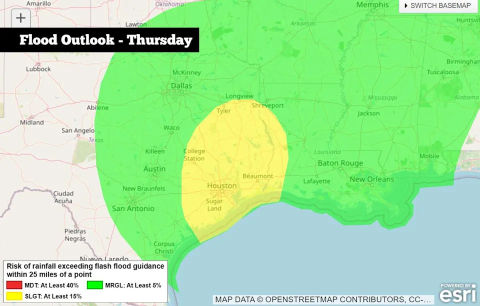 The National weather Service has placed Houston under a Level 2 of 4 risk of flash flooding on Thursday, May 28. (National Weather Service)