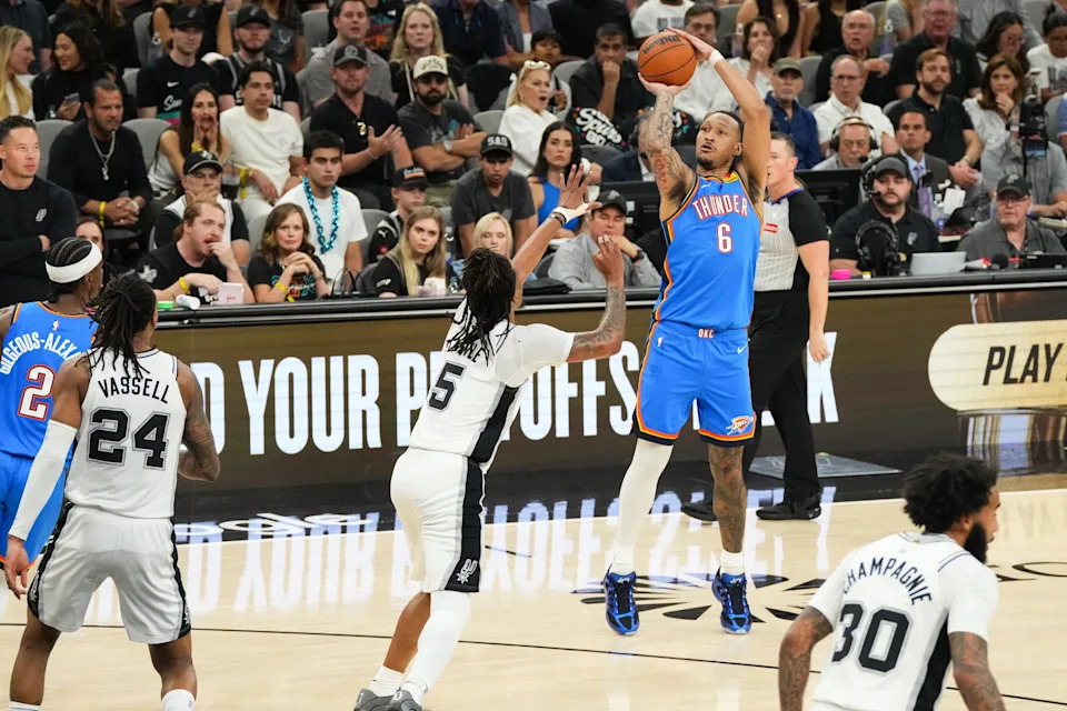 May 24, 2026; San Antonio, Texas, USA; Oklahoma City Thunder forward Jaylin Williams (6) shoots in the first quarter against the San Antonio Spurs during game four of the western conference finals for the 2026 NBA playoffs at Frost Bank Center. Mandatory Credit: Scott Wachter-Imagn Images