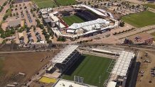 Soccer stadiums in North Texas: Toyota Stadium in Frisco, top, and Mansfield Stadium, in Mansfield, bottom. 