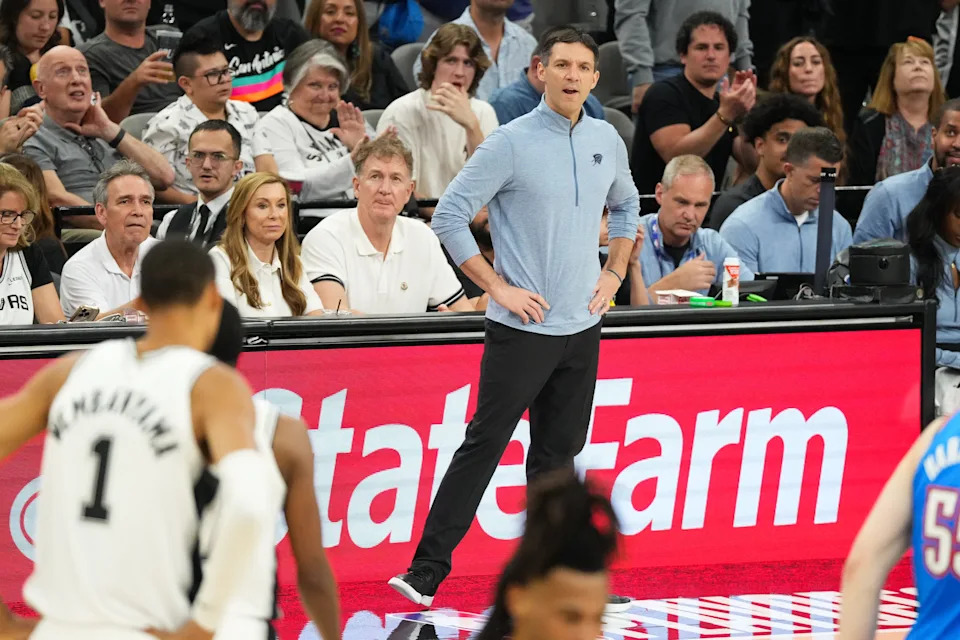 May 24, 2026; San Antonio, Texas, USA; Oklahoma City Thunder head coach Mark Daigneault looks on in the second quarter against the San Antonio Spurs during game four of the western conference finals for the 2026 NBA playoffs at Frost Bank Center. Mandatory Credit: Scott Wachter-Imagn Images