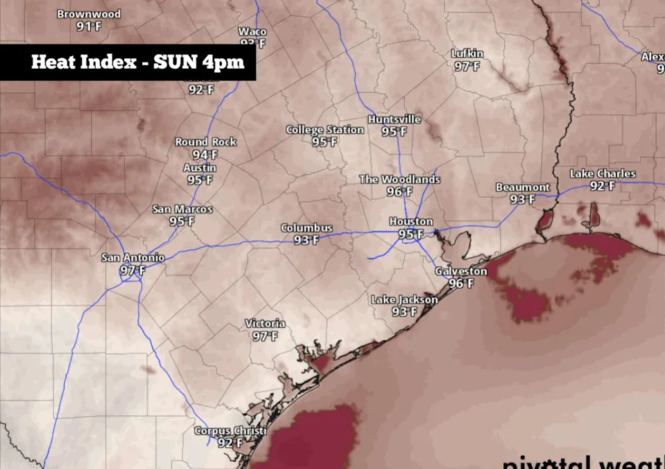 Shown are the potential heat index values across the region at 4 p.m. Sunday afternoon. (Pivotal Weather)
