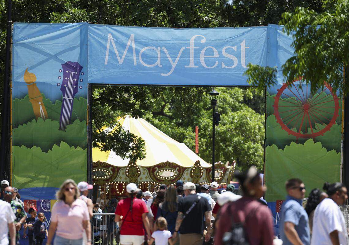 People gather at Mayfest, a community celebration at Trinity Park, on Saturday, May 2, 2026, in Fort Worth.
