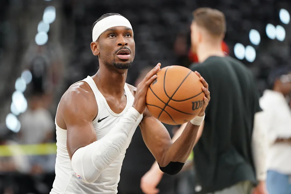 May 28, 2026; San Antonio, Texas, USA; Oklahoma City Thunder guard Shai Gilgeous-Alexander (2) warms up before the start of game six of the western conference finals for the 2026 NBA playoffs at Frost Bank Center. Mandatory Credit: Dustin Safranek-Imagn Images