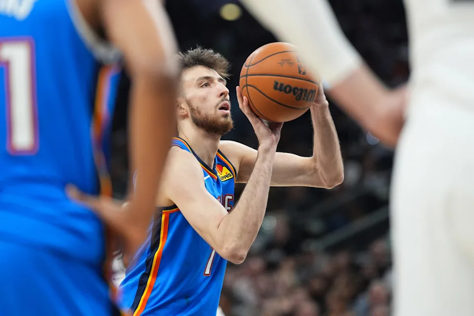 May 24, 2026; San Antonio, Texas, USA; Oklahoma City Thunder center Chet Holmgren (7) shoots a free throw in the fourth quarter against the San Antonio Spurs during game four of the western conference finals for the 2026 NBA playoffs at Frost Bank Center. Mandatory Credit: Daniel Dunn-Imagn Images