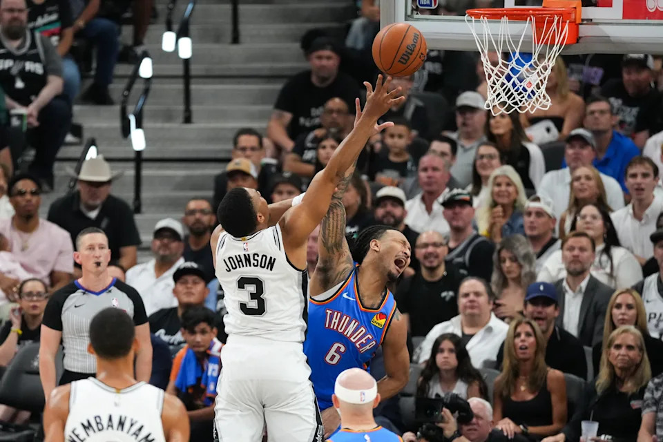 May 24, 2026; San Antonio, Texas, USA; San Antonio Spurs forward Keldon Johnson (3) shoots while defended by Oklahoma City Thunder forward Jaylin Williams (6) in the first quarter during game four of the western conference finals for the 2026 NBA playoffs at Frost Bank Center. Mandatory Credit: Scott Wachter-Imagn Images