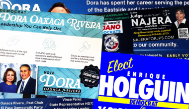 A photograph of several mailers in the 2026 runoff elections.
